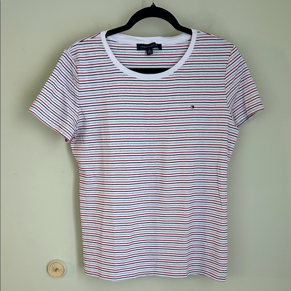 Tommy Hilfiger Women's Short Sleeve Tee - Red, White, and Blue Stripes